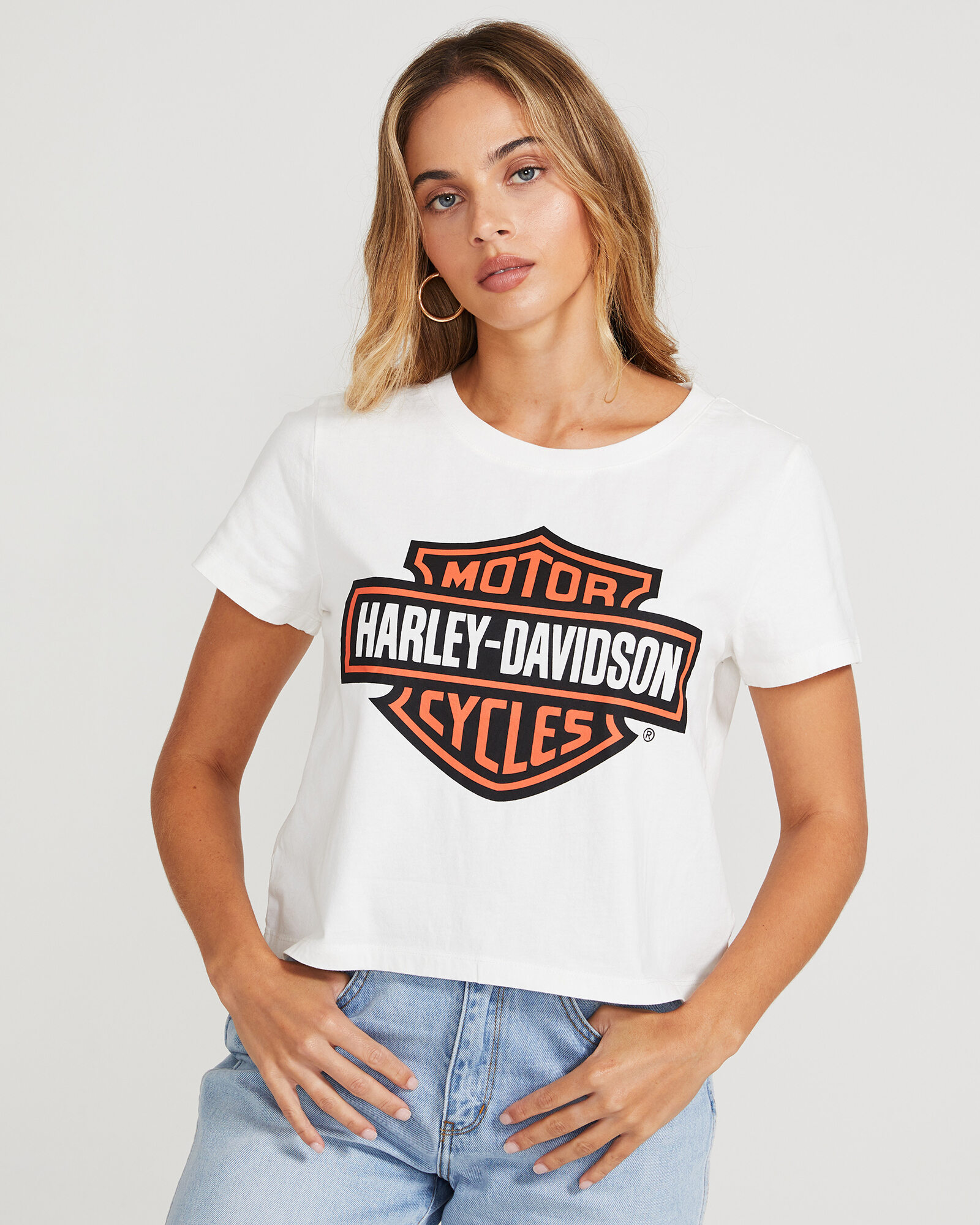 Harley Davidson Crop Bar And Shield T Shirt White Short Sleeve T Shirts T Shirts T Shirts Singlets Clothing Shop Womens General Pants Co