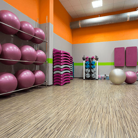 Fitness room with laminate floors and workout equipment