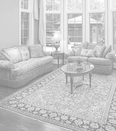Oriental area rug laying in the middle of a clean living room. 