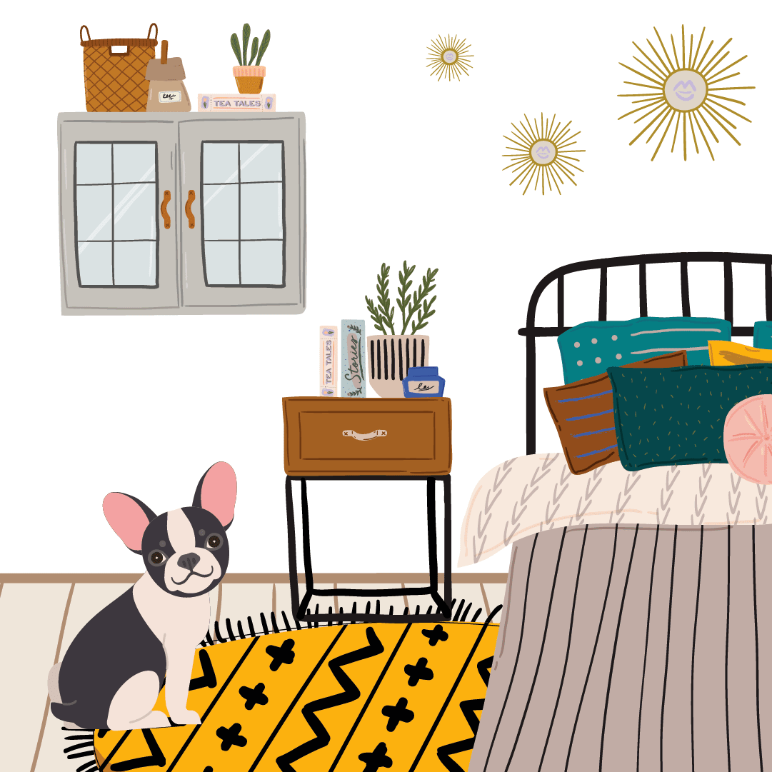 illustration of dog in bedroom with rug, side table, and decor