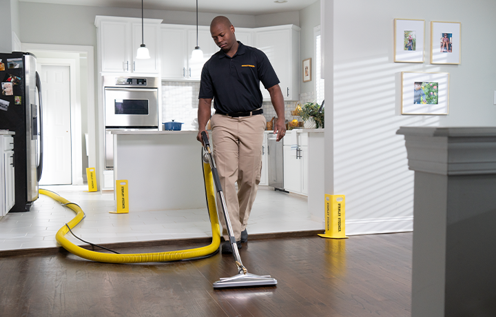 Stanley Steemer technician spring cleaning hardwood floor in home
