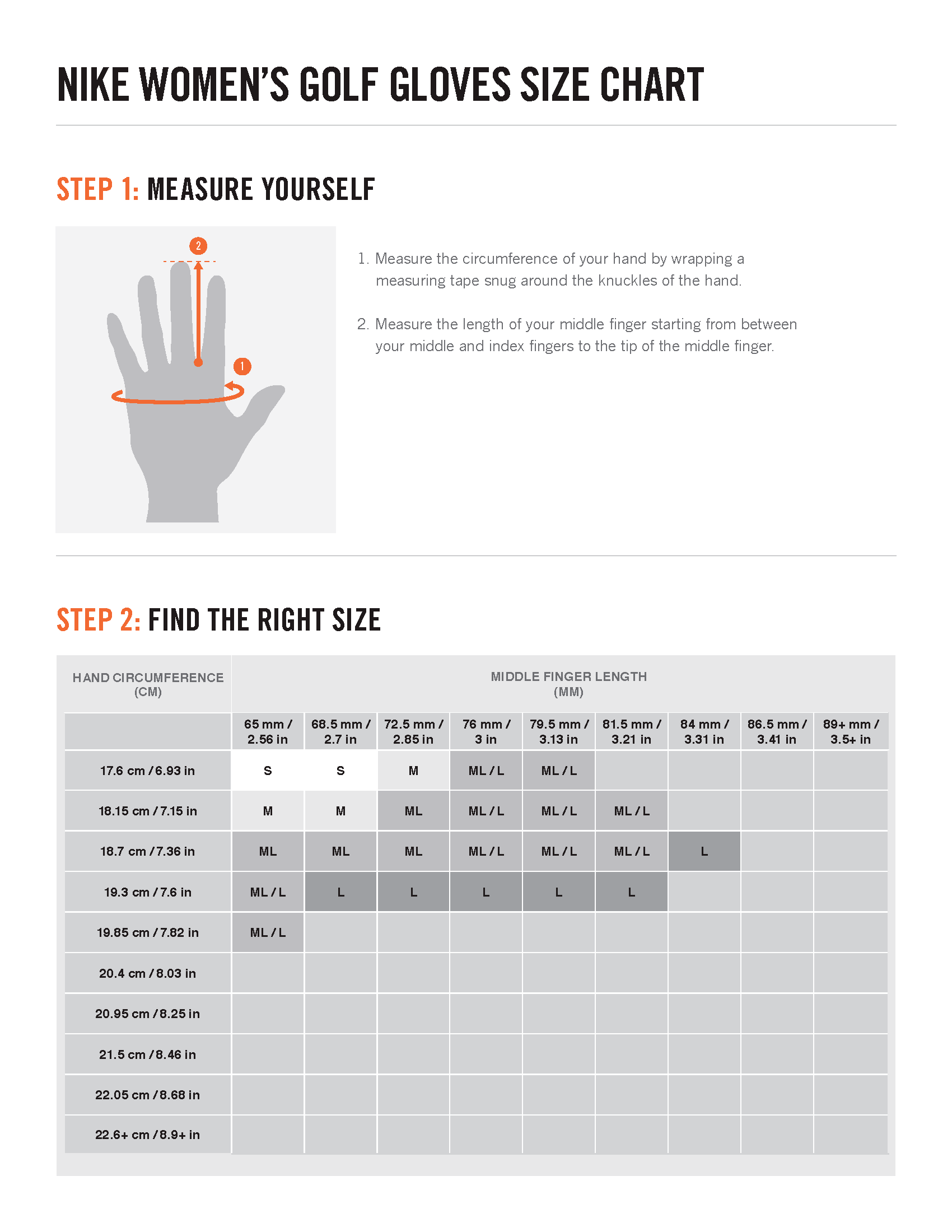 adidas golf glove size chart