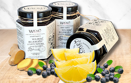 Handcrafted, preservative-free wild blueberry and lemon ginger fruit spread sold by Wicked Fruitful.