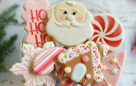 An assortment of Christmas decorated cookies made by Blackbird Baking Co.