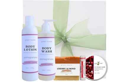 Eco-luxury gift set with body lotion, body wash, soap bar, and lip balm sold by Green Koala Naturals.