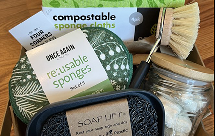 Sustainable and ethically produced gift box with compostable sponge cloths, reusable sponges, soap lift, and more; sold by Four Corners Supply Co.