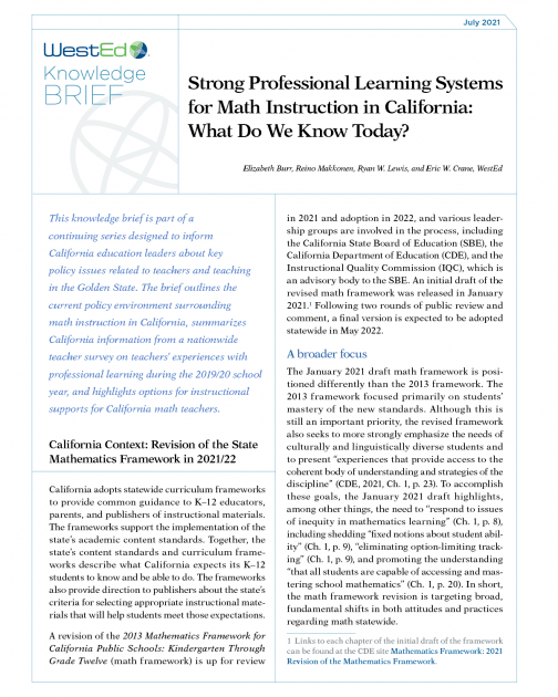 Strong Professional Learning Systems for Math Instruction in California: What Do We Know Today? 