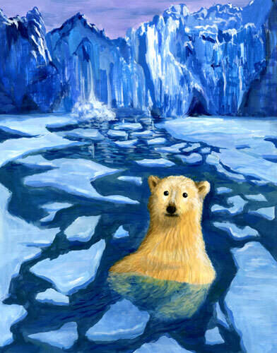 Polar bear in Arctic sea surrounded by ice floats. Glaciers can be seen in the background.
