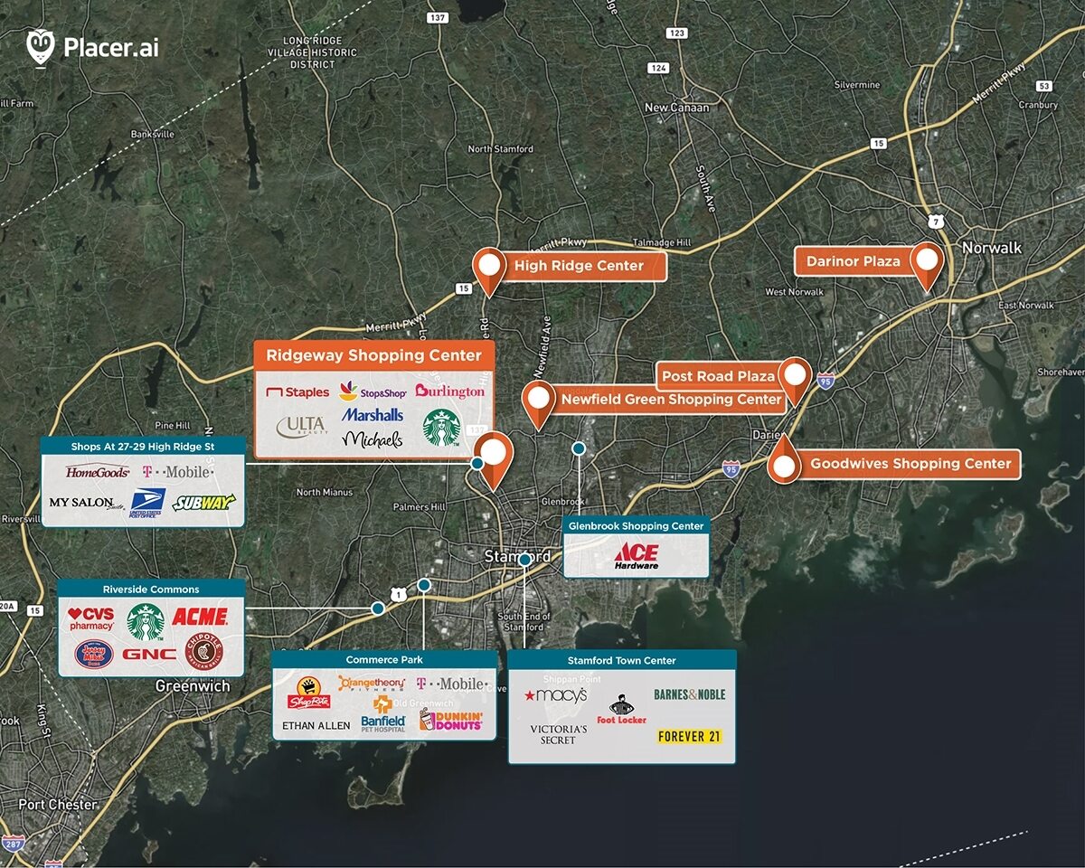 Ridgeway Shopping Center Trade Area Map for Stamford, CT 06905