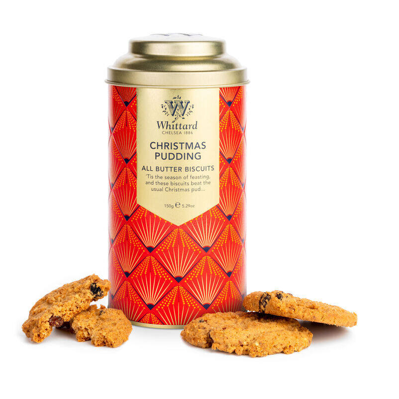 Christmas pudding biscuits in packaging, with biscuits outside
