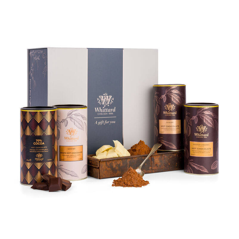 The Hot Chocolate Favourites Gift Box, including Luxury, Luxury White, Salted Caramel Hot Chocolates and 70% Cocoa