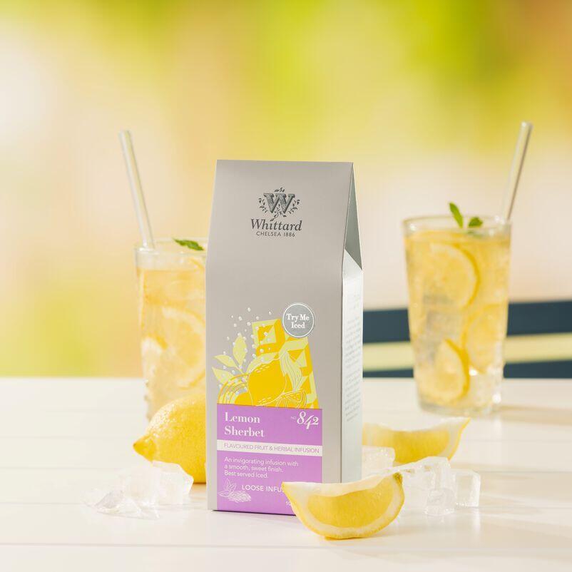 Lemon Sherbert Flavoured Fruit Infusion lifestyle with drink in back