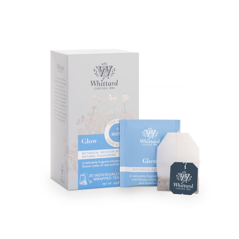 Glow Wellness Tea Packaging with Tea Bag on White Background