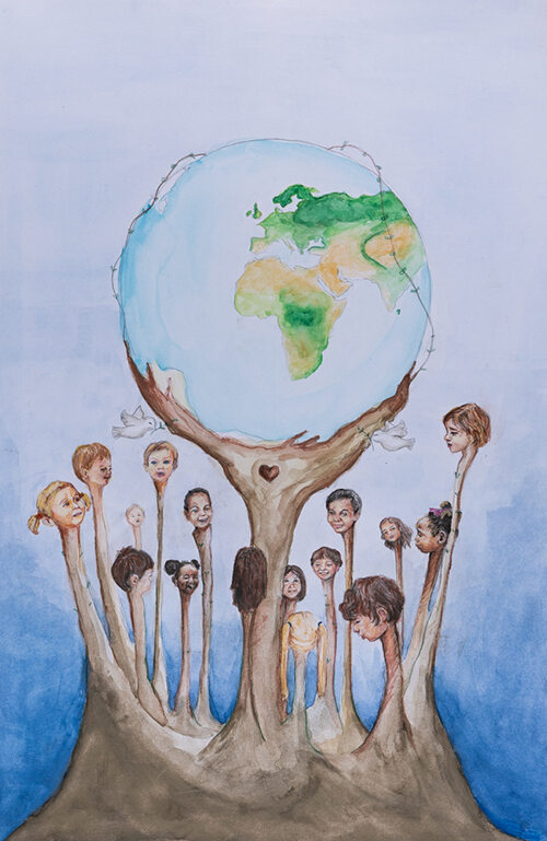 a group of people around a globe