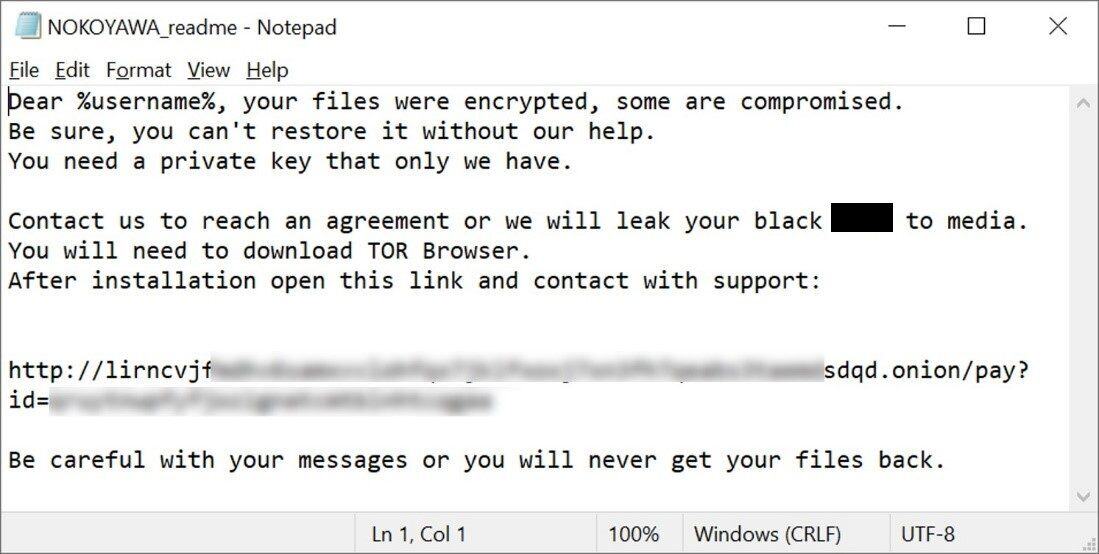 Example of New ransomware note with the Onion URL
