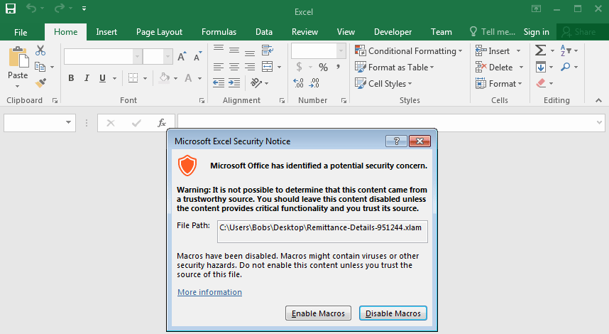Screenshot of the security notice that launches when opening the Excel document