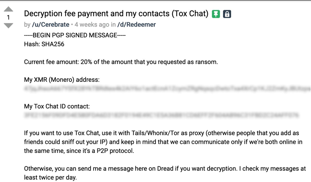 Figure 8. Decryption fee payment and developer’s Tox Chat ID on the Redeemer page