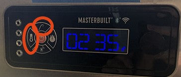 Control panel with "Set Temp" and "Meat Probe" buttons circled. They are the top and left buttons in the circle of buttons around the power button. LCD displays "0235"