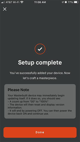 App screen with "Setup complete" message