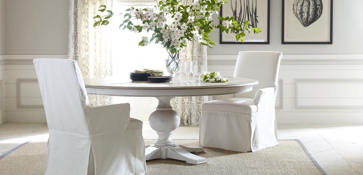 Cooper Rustic Round Dining Table, Distressed White Round Dining Table Set