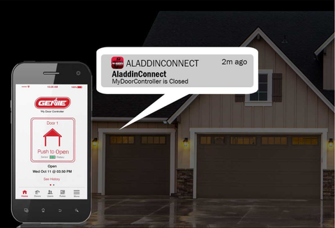 Aladdin Connect app on the phone screen showing an alert about the garage door, shown by the garage 