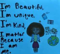 image with a child's drawing with the words "I'm beautiful, I'm unique, I'm kind, I matter because I am me."