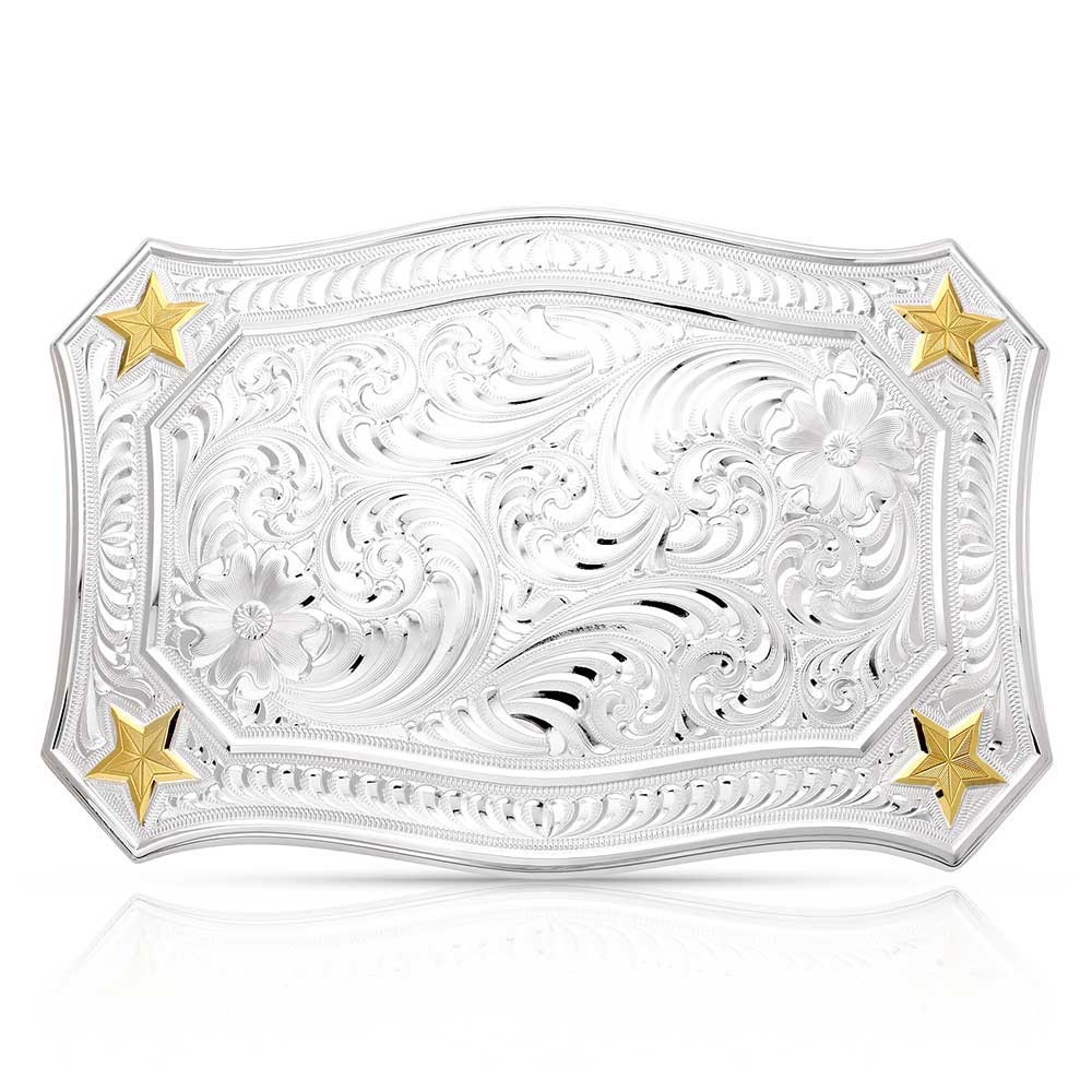Montana Silversmiths Silver Engraved Gold Trim Western Saddle Plate. \