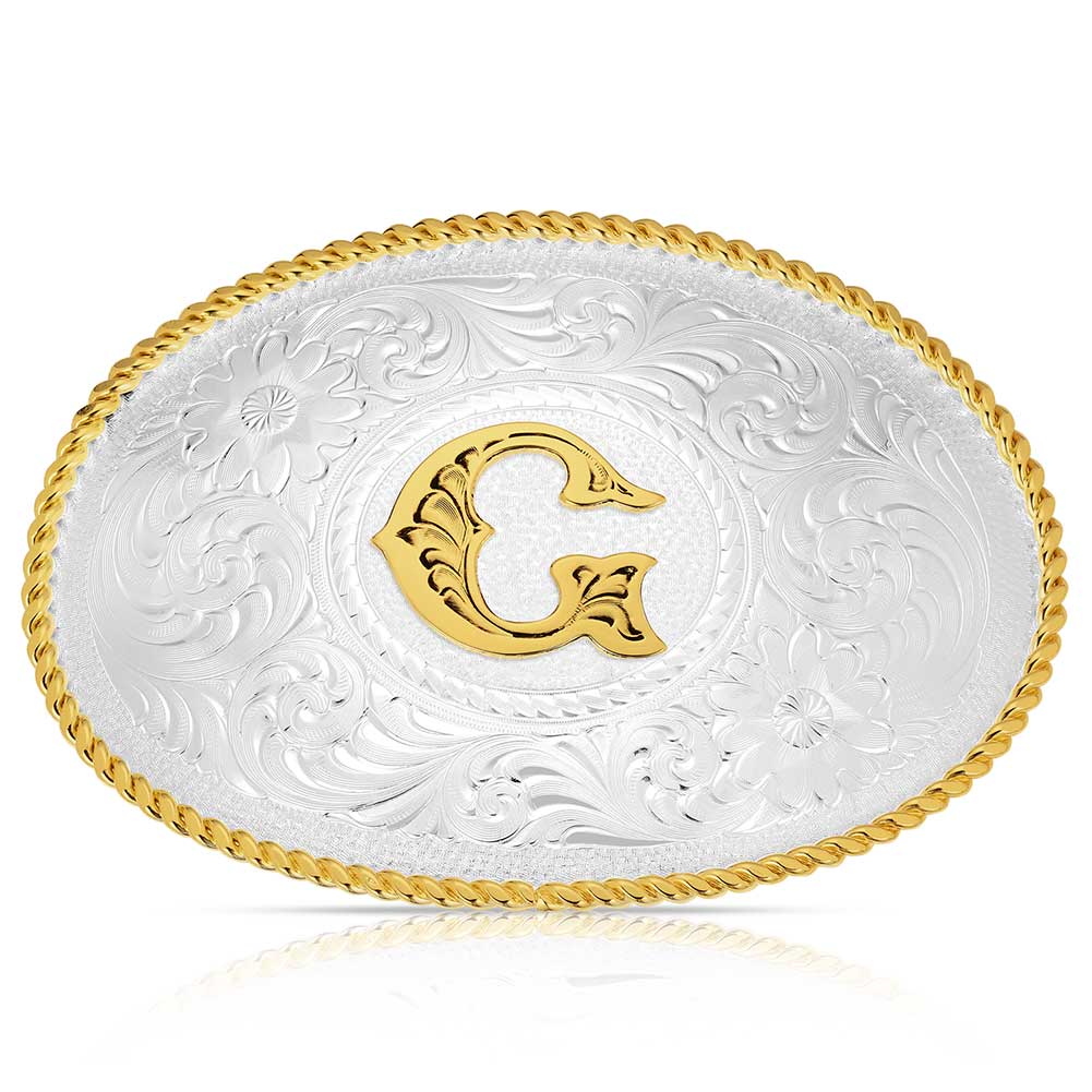 Initial B Silver Engraved Gold Trim Western Belt Buckle  display picture 1