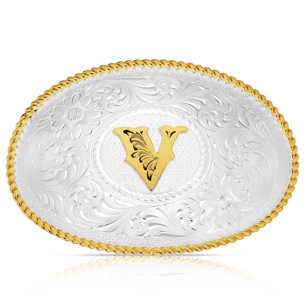 Initial H Silver Engraved Gold Trim Western Belt Buckle 