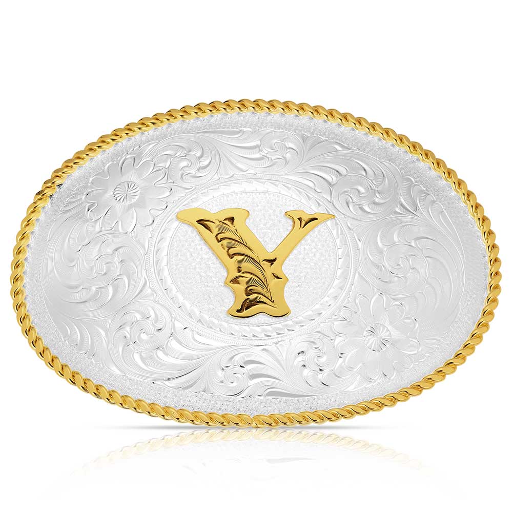 Initial X Silver Engraved Gold Trim Western Belt Buckle  display picture 1