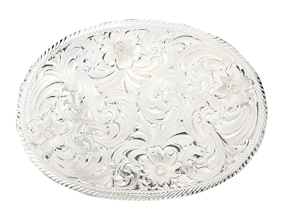 Oval Silver Engraved Western Belt Buckle with Etched Trim  display picture 1