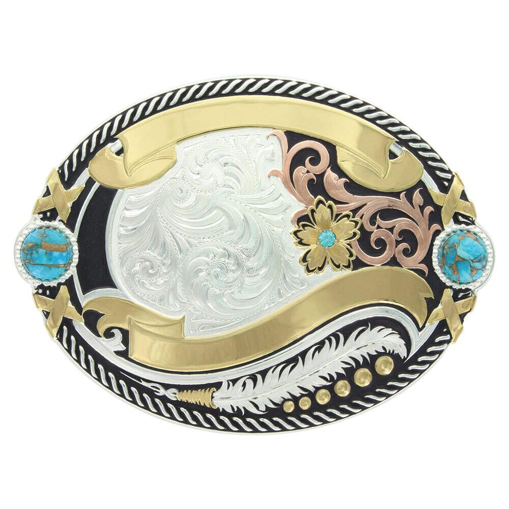Belt Buckle Brass Color USA over Bright Silver Color Oval with Rope Edges 