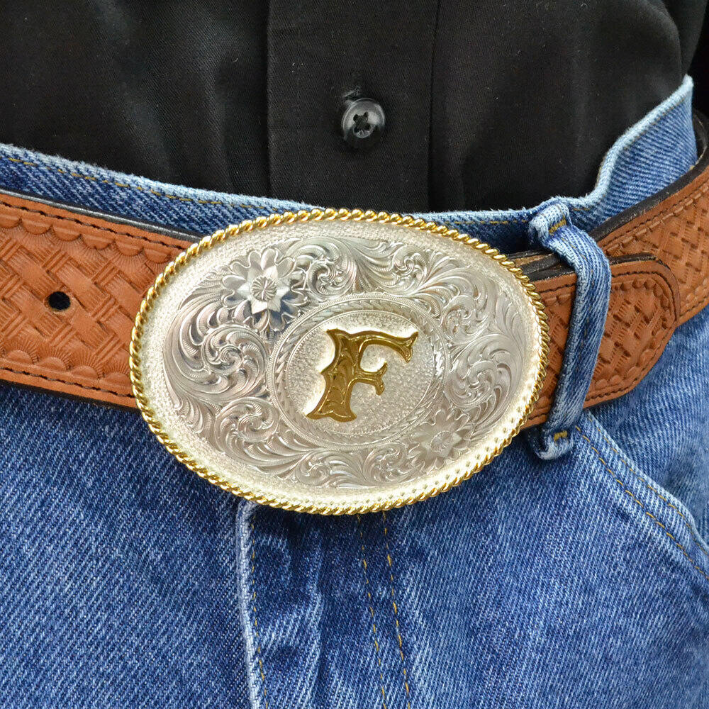 Initial F Silver Engraved Gold Trim Western Belt Buckle  display picture 3