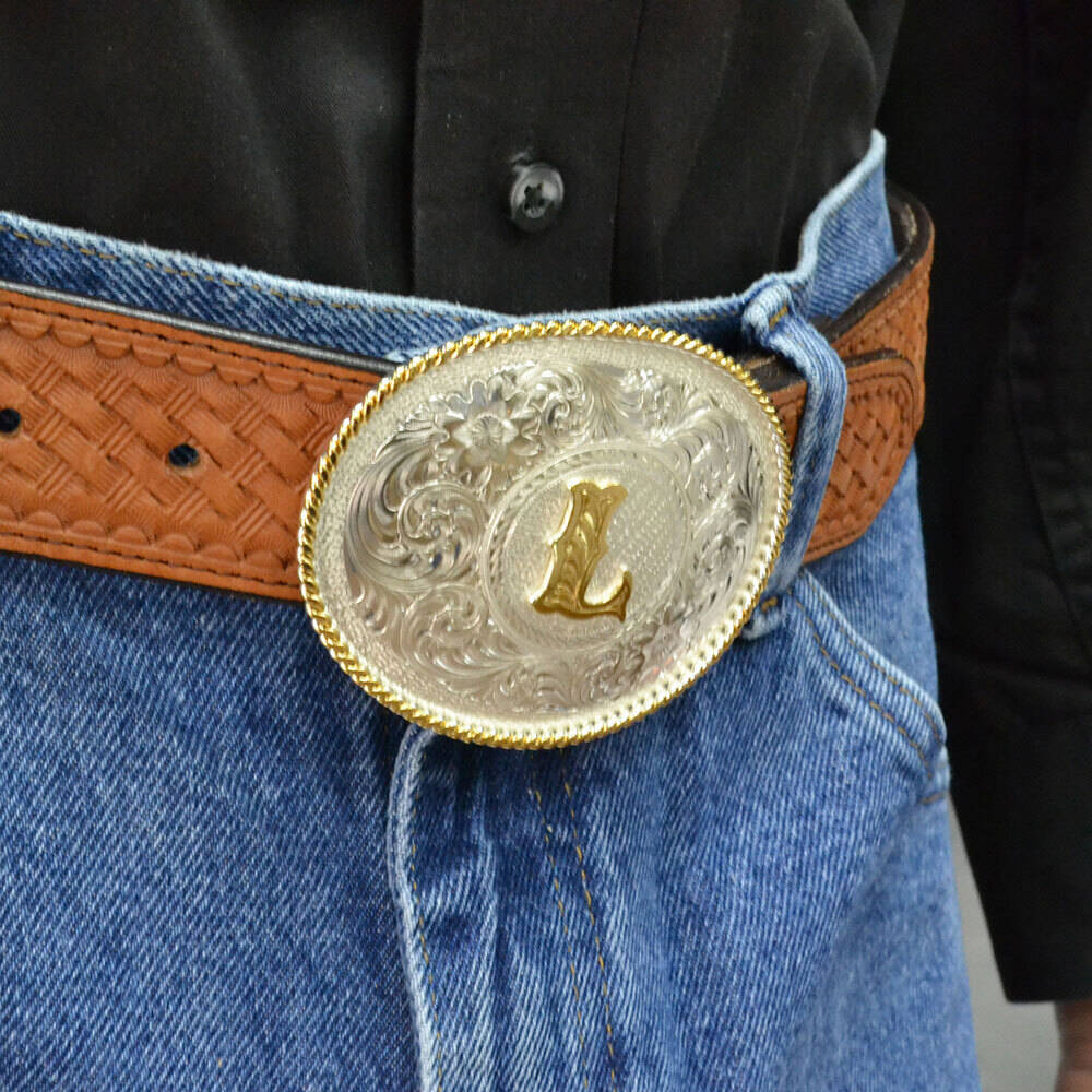 Initial L Silver Engraved Gold Trim Western Belt Buckle  display picture 1
