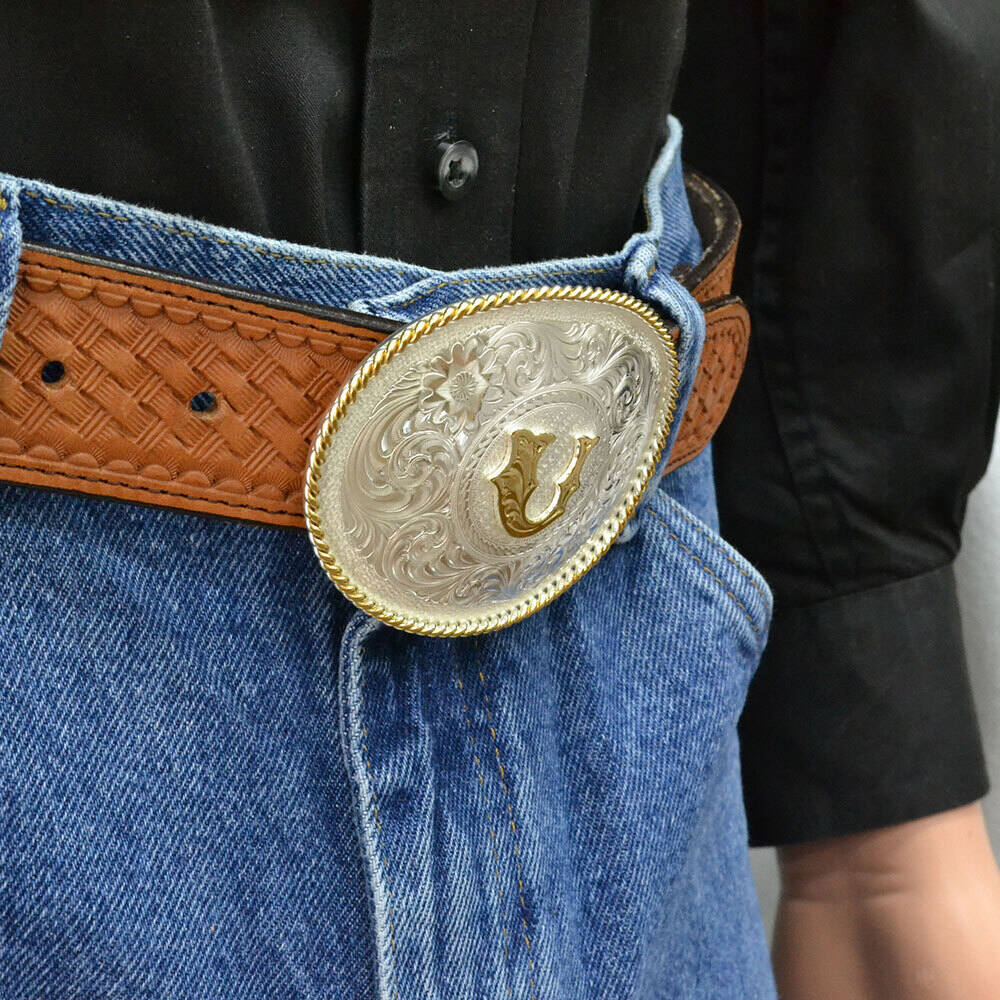 Initial U Silver Engraved Gold Trim Western Belt Buckle  display picture 2