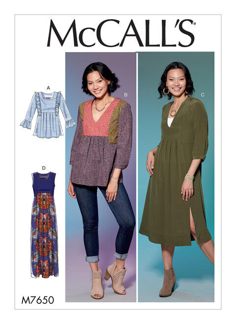 McCall's M7650 | Misses' V-Neck or Square-Neck Top, Tunic, and Dresses | Front of Envelope