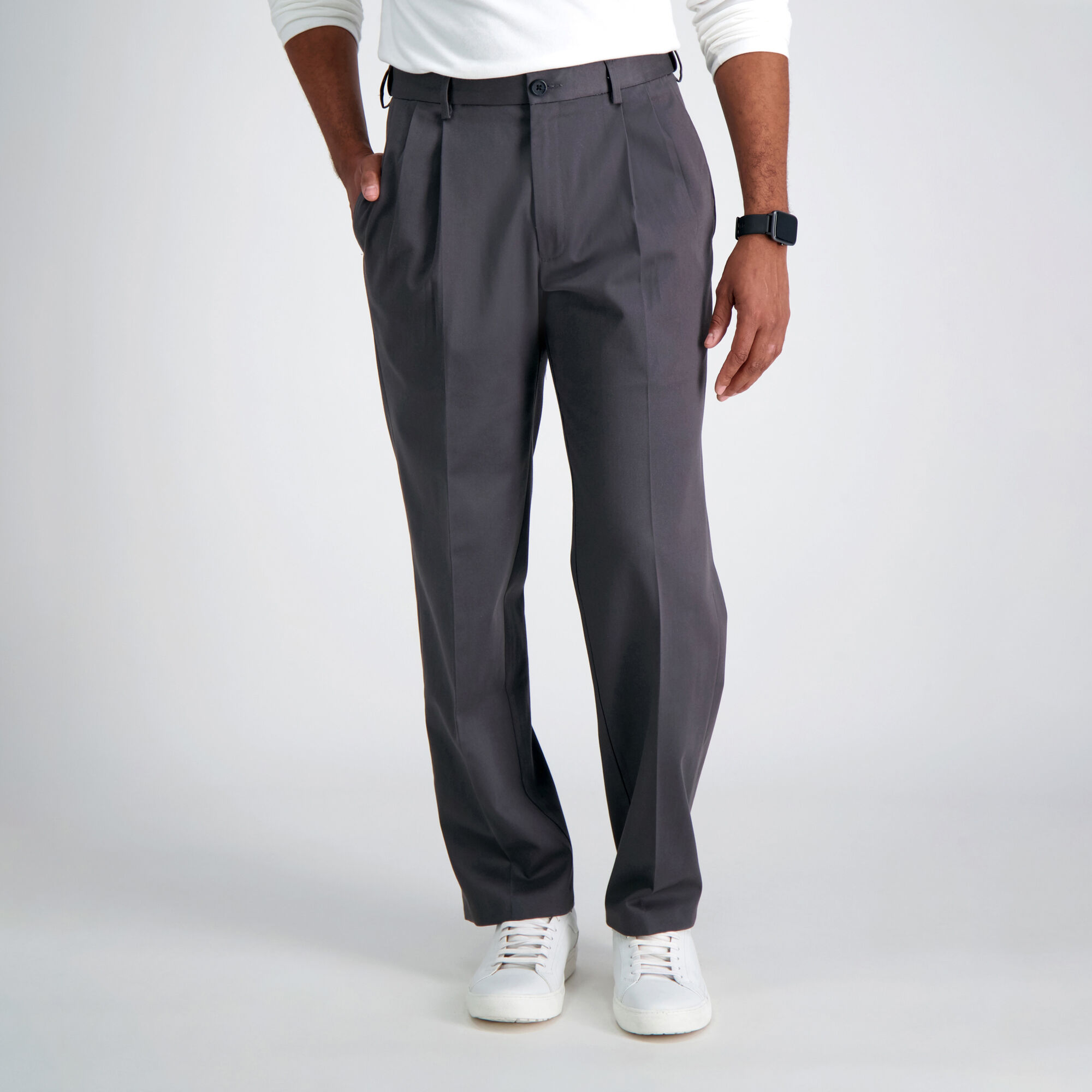 HAGGAR Premium No Iron Pants Slim Fit Stretch Fabric Flex Waist Flat Light Gray 