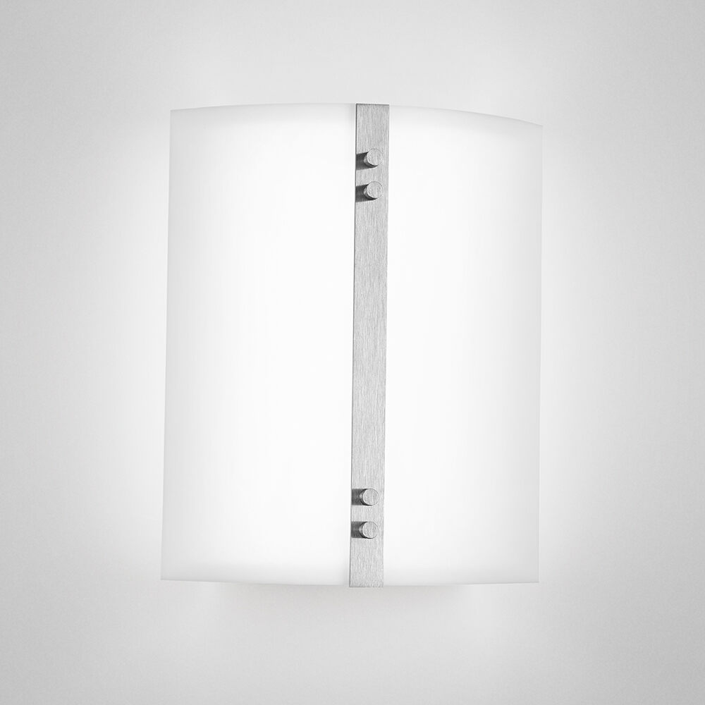 A small luminous wall sconce with a metal accent bar in the center