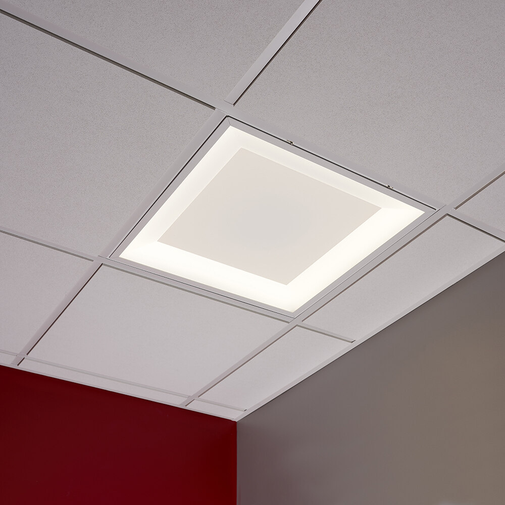 A 2x2 ceiling fixture with a Lumicor patterned diffuser and a luminous square perimeter