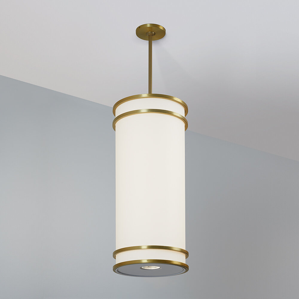 A large, luminous cylinder pendant with double bar accent
