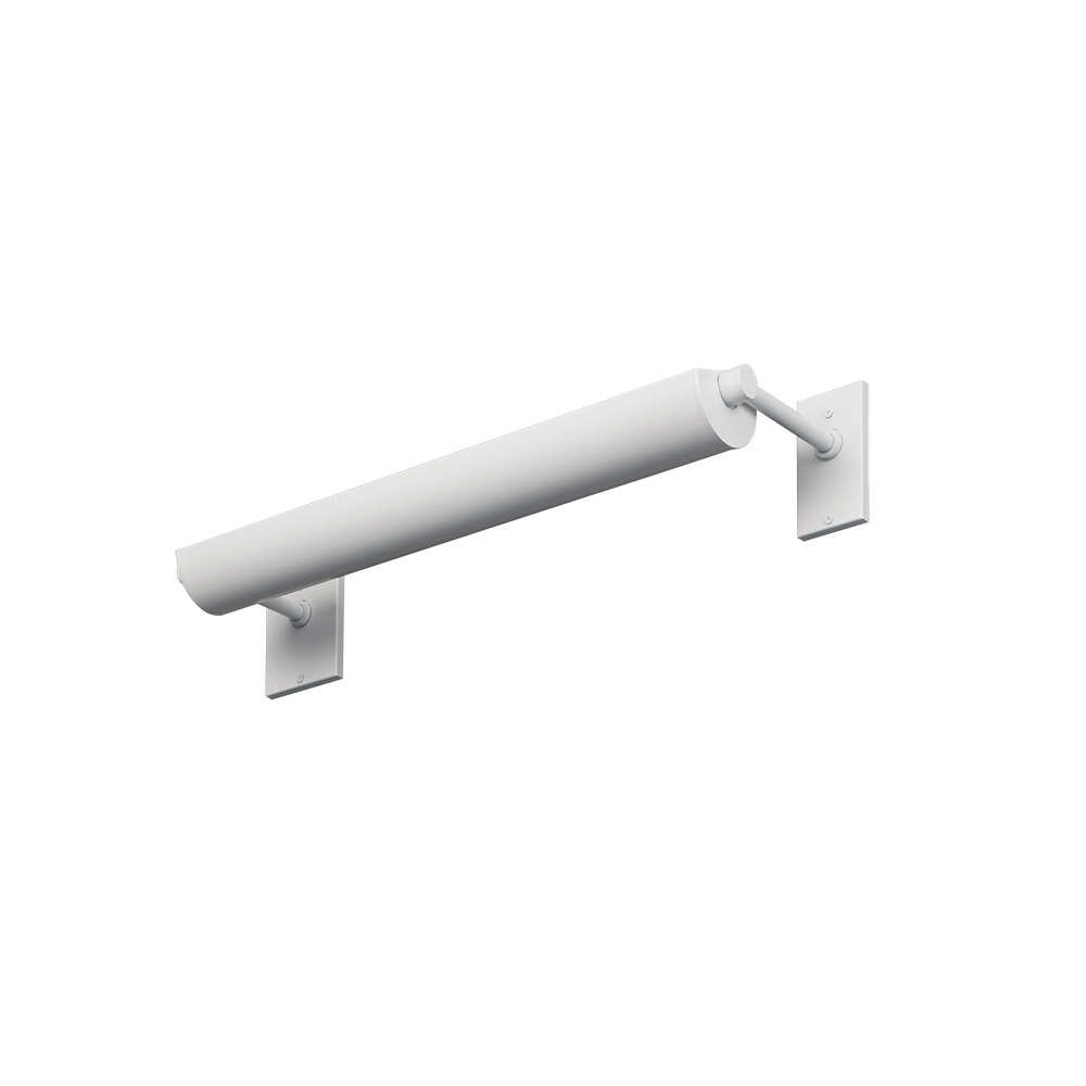 A wall-mounted linear indirect luminaire with mounting brackets on each end