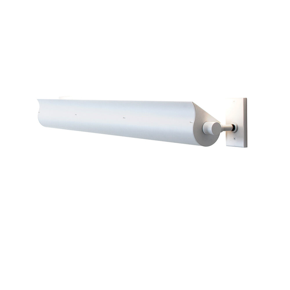 A ground-mounted linear indirect luminaire with mounting brackets on each end