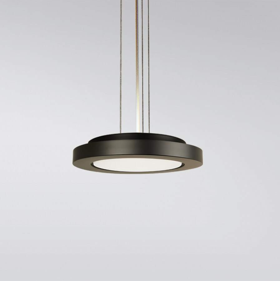 A circular pendant with a thick outer band, suspended by an aircraft cable