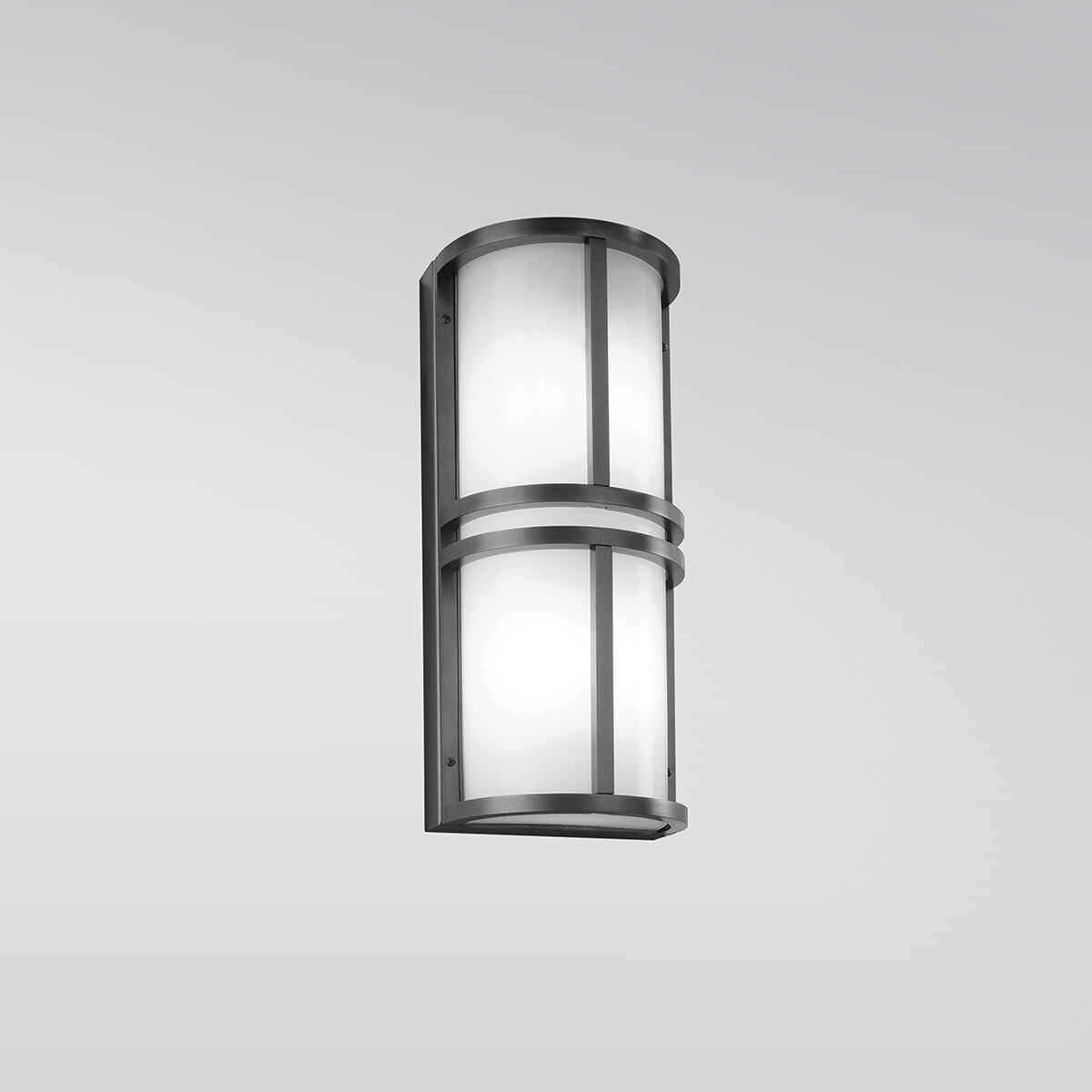 A rectangular outdoor wall sconce with center bar accents
