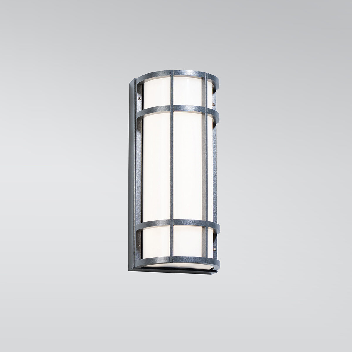 A rectangular outdoor wall sconce with cross bar accents