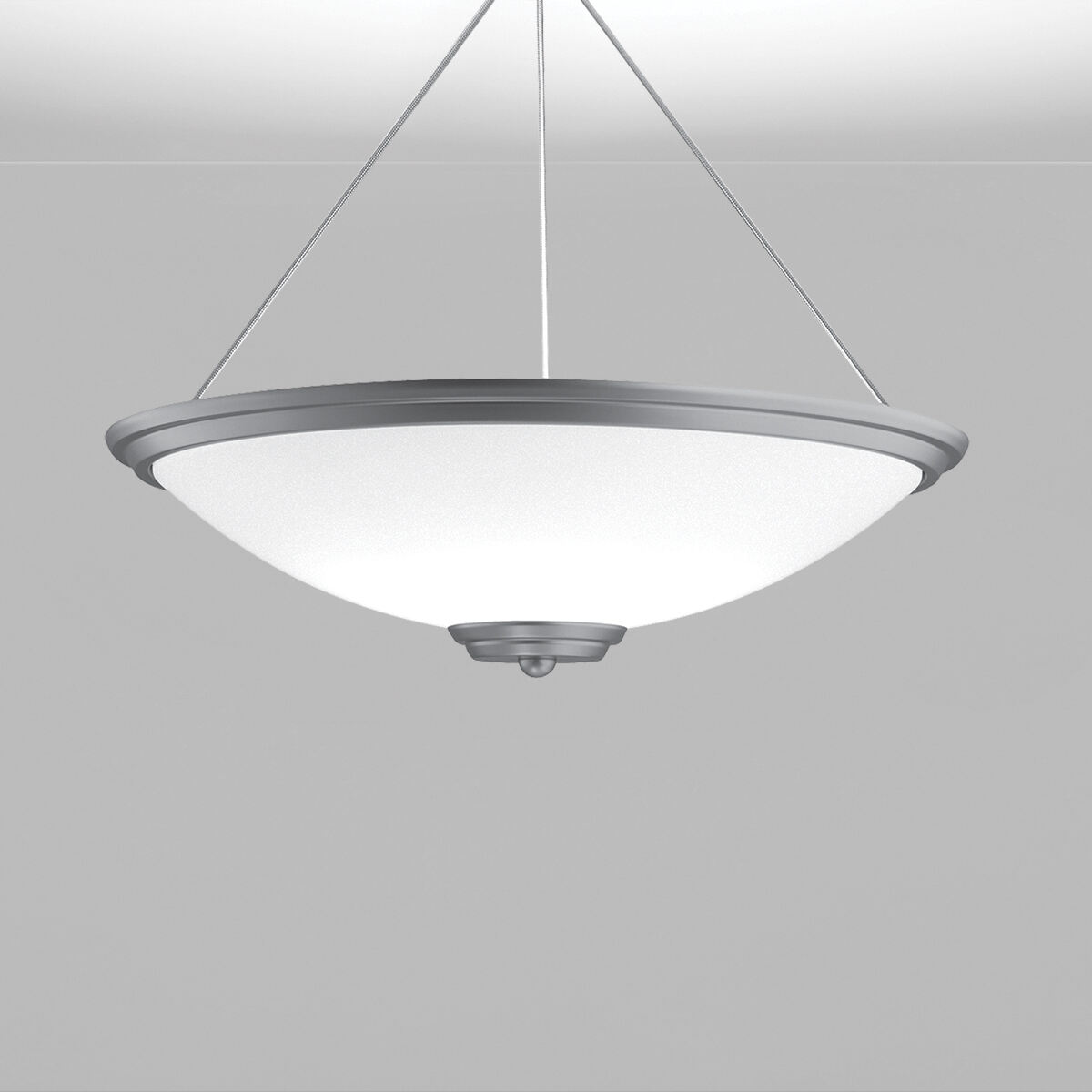 A large bowl pendant suspended with a cable and finial