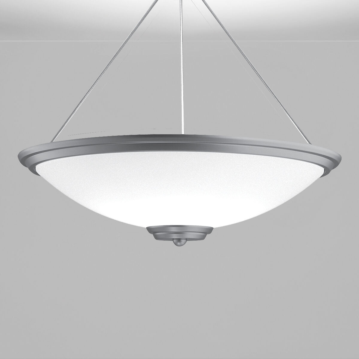 A large bowl pendant suspended with a cable and finial