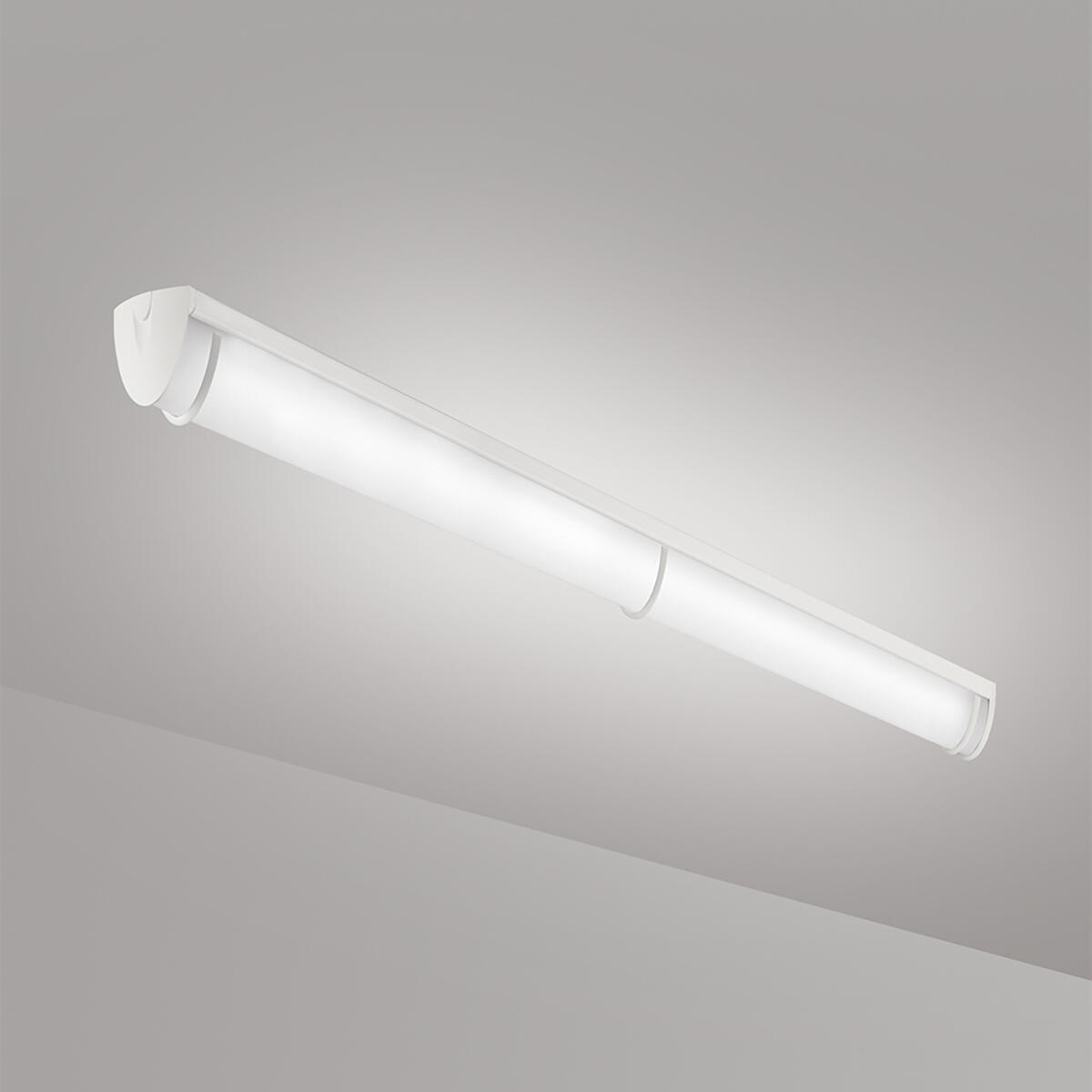 A luminous ceiling or surface-mounted luminaire with a curved linear diffuser body and trim accents