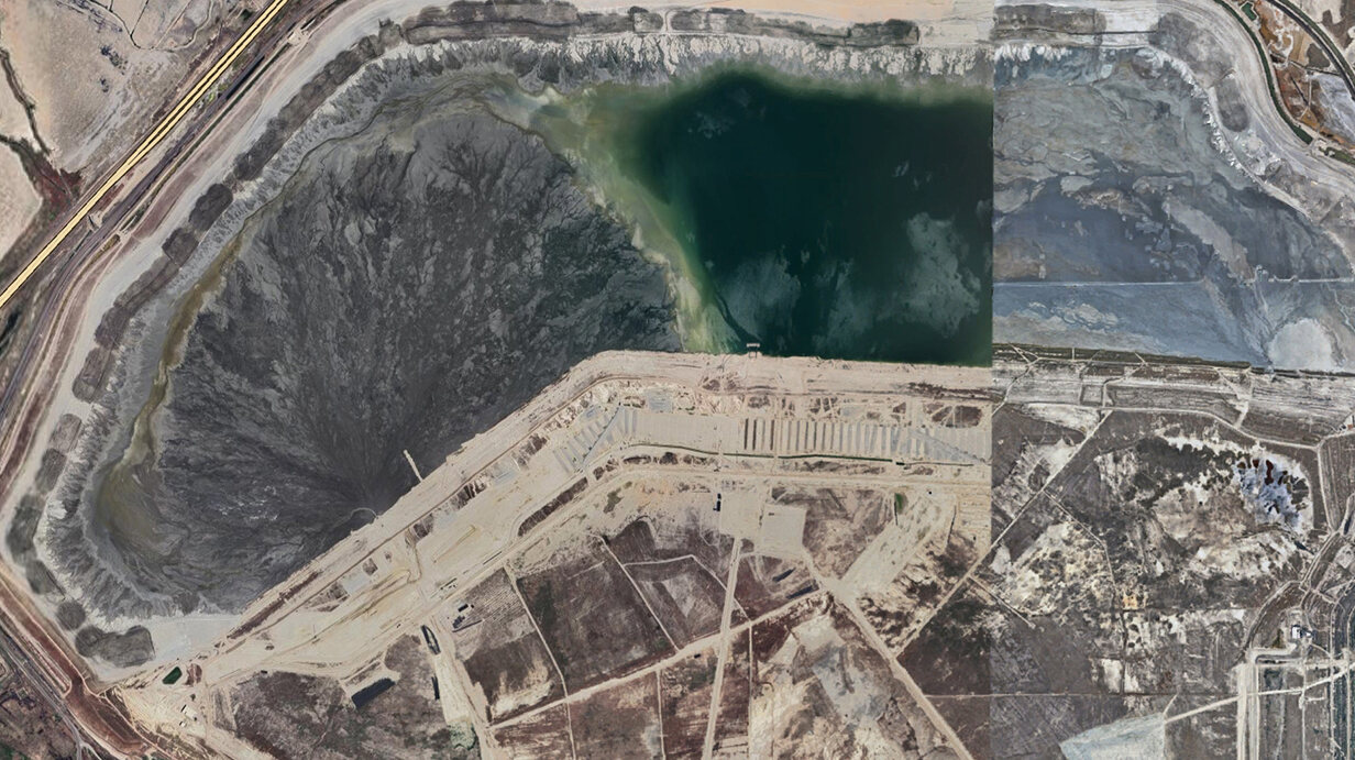 Aerial photo of a mine tailings dam.