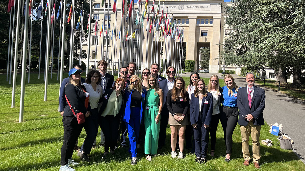 Political science professor Timothy Nordstrom (far right) visits the United Nations office in Vienna with a group of students. Nordstrom takes a group of students to Europe each May to learn about security politics. Submitted photo